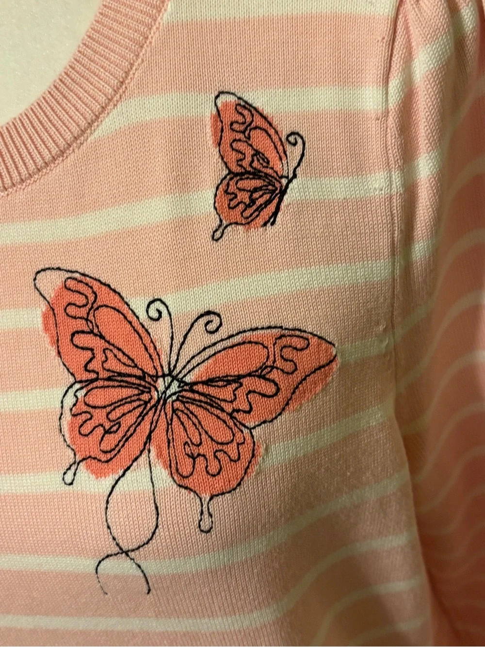 TALBOTS Pink Striped Crewneck Sweater Butterfly Embroidery Size LP